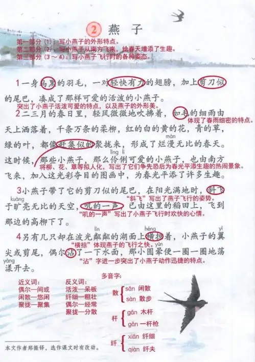 学霸笔记默写专题部编版小学语文3年级下册2燕子