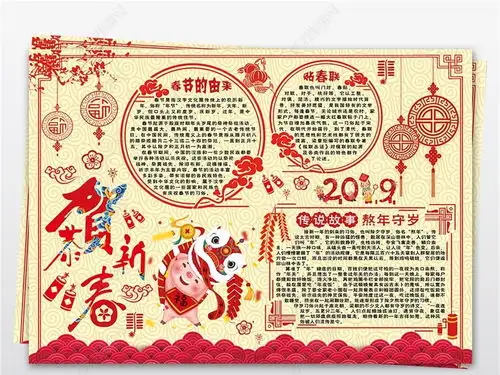 2019年猪年恭贺新春小报年俗手抄报图片模板下载