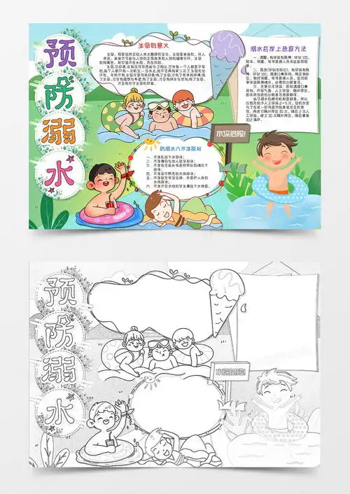 卡通夏季预防溺水暑假安全手抄报word模板下载安全