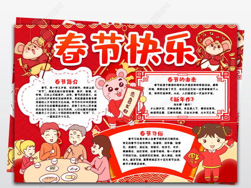 2020鼠年快乐新年春节快乐小报手抄报寒假鼠年春节传统习俗文化word小报手抄报图片模板下载