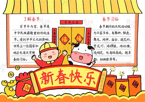 新春快乐学画简单又漂亮的春节手抄报模板,含内容文字
