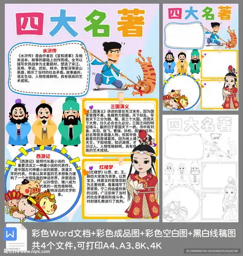 竖版四大名著涂色手抄报设计图