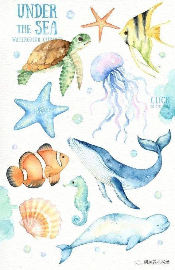 素材分享海底世界主题水彩插画作品